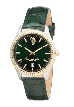 Orologio da polso con quadrante verde, ghiera in oro, logo U.S. Polo Assn., finestra della data alle 6 e cinturino in pelle verde scuro.