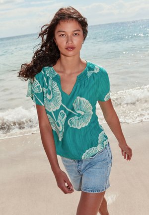 Next, REGULAR FIT - SHORT SLEEVE NOTCH NECK SHIRRED BUBBLEHEM T-SHIRT  . - Bluse - green palm print