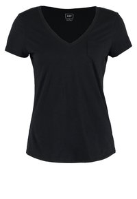Svart kortärmad T-shirt med V-ringning, tillverkad av mjuk bomull, med en liten bröstficka på vänster sida och avslappnad passform.