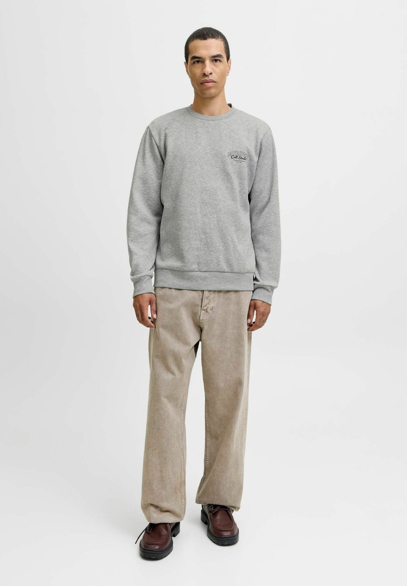 Man standing wearing gray sweatshirt, beige wide-leg pants, and dark brown shoes against plain white background.
