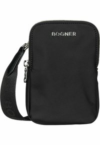 Black nylon shoulder bag with a rectangular shape, silver-tone hardware, and a textured strap. Features a zipper closure and logo on front.