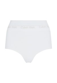 White cotton high-waisted underwear featuring a soft elastic waistband with "Calvin Klein" logo in a light shade. Smooth texture, no patterns.