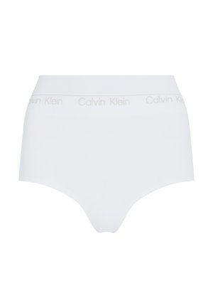 Witte katoenen hoge tailleonderbroek met een zachte elastische tailleband met het "Calvin Klein"-logo in een lichte tint. Glad materiaal, zonder patronen.