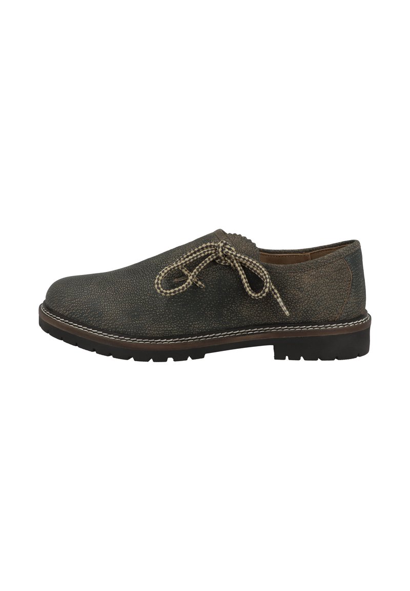 Dunkel gemustertem Lederschuh mit abgerundeter Zehenpartie, kontrastierenden Schnürsenkeln und einem hellen Steppdetail entlang der Sohle. Gummiaußensohle sorgt für guten Halt.