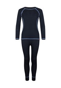 Navy thermal long-sleeve top and leggings set with light blue accent stitching. Made of stretchy, soft material; fitted design for warmth.