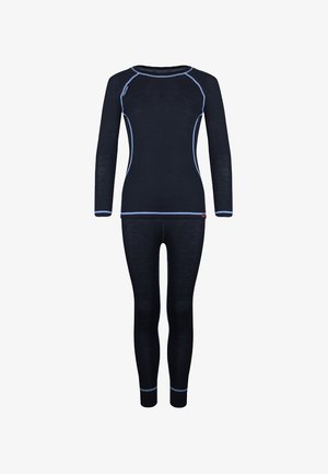 Marineblaues Thermo-Oberteil mit langen Ärmeln und Leggings-Set mit hellblauer Akzentnaht. Hergestellt aus dehnbarem, weichem Material; enganliegendes Design für Wärme.