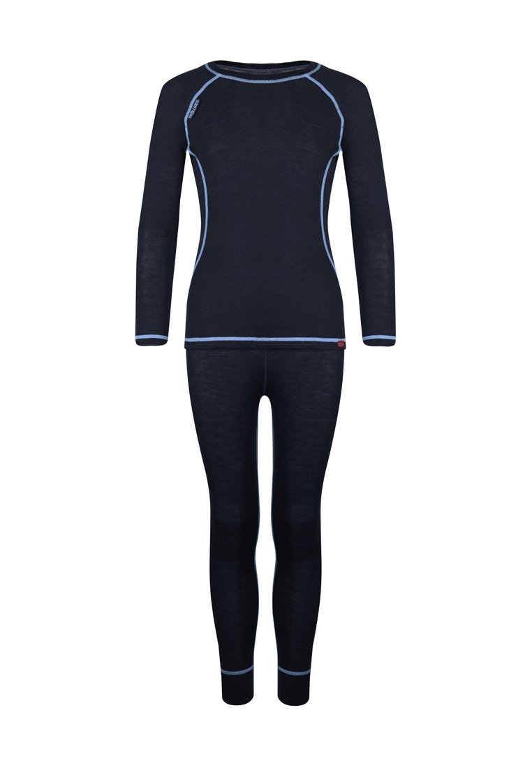 Navy thermal long-sleeve top and leggings set with light blue accent stitching. Made of stretchy, soft material; fitted design for warmth.