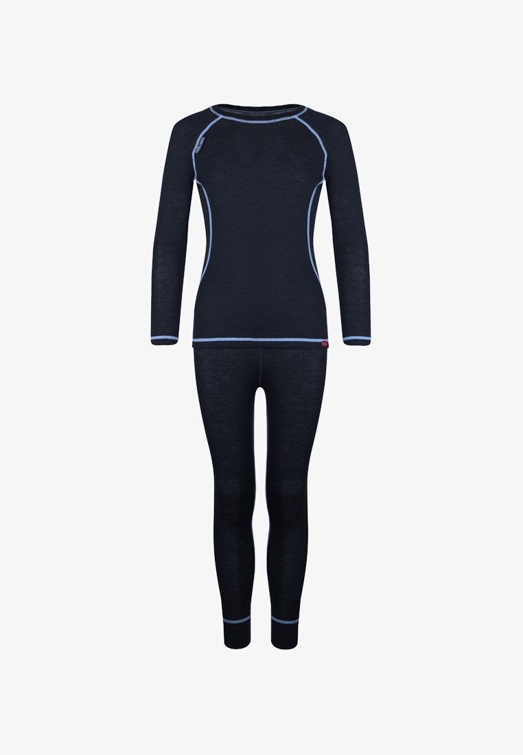 Navy thermal long-sleeve top and leggings set with light blue accent stitching. Made of stretchy, soft material; fitted design for warmth.