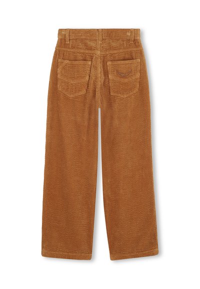 Bruine corduroy wijde broekspijpen met verticale ribbeltextuur, twee achterzakken en stiksel/details. Niet-functionele riemlussen.