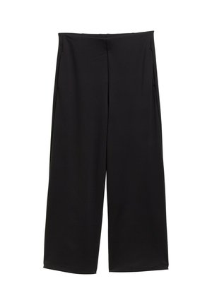 Schwarze, weit geschnittene Hose mit hoher Taille, ohne sichtbare Verschlüsse oder Taschen, vor weißem Hintergrund dargestellt.