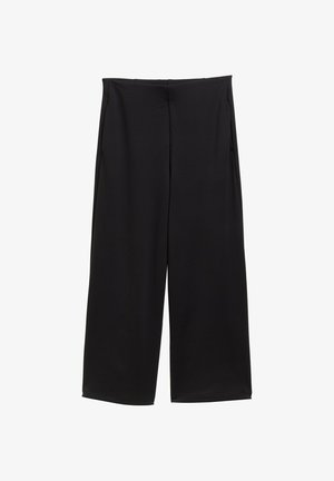 Czarne spodnie o szerokich nogawkach z wysokim stanem, bez widocznych zapięć ani kieszeni, pokazane na białym tle.