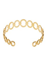 Bracciale a manica in oro caratterizzato da forme circolari interconnesse, texture liscia e finitura lucida, progettato per adattarsi comodamente al polso.