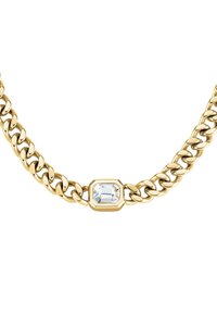 Gouden ketting met ovale schakels, met een centrale transparante rechthoekige edelsteen in een hoeke bezel. Gladde, gepolijste afwerking.