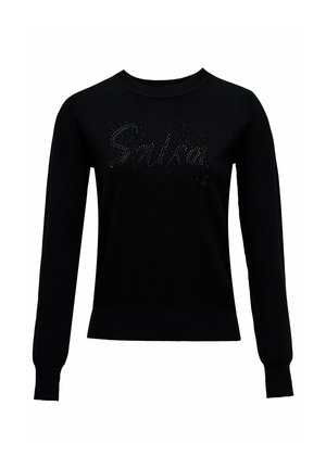 Pull noir à col rond en tissu doux, avec une silhouette ajustée et le texte "Salsa" orné de strass sur le devant.