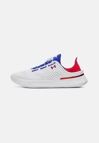 White athletic shoe with blue and red accents, featuring a mesh upper with perforations, lace-less design, and a textured white sole.