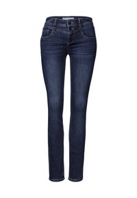 Jean skinny en denim bleu foncé avec une texture lisse, deux poches avant et une fermeture à deux boutons. Présente une coupe droite.