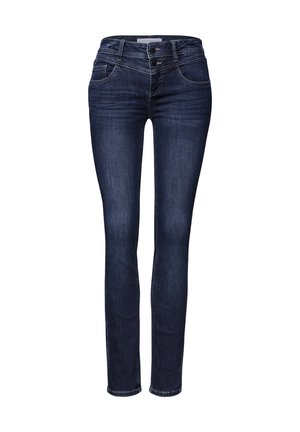 Skinny jeans in dark blue denim with a smooth texture, two front pockets, and a two-button closure. Features a straight leg cut.