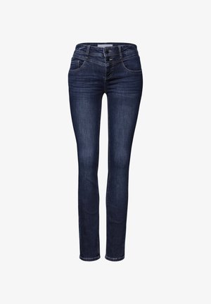 Schlank geschnittene Jeans aus dunkelblauem Denim mit glatter Textur, zwei vorderen Taschen und einer Zweiknopf-Verschluss. Sie verfügen über einen geraden Beinansatz.