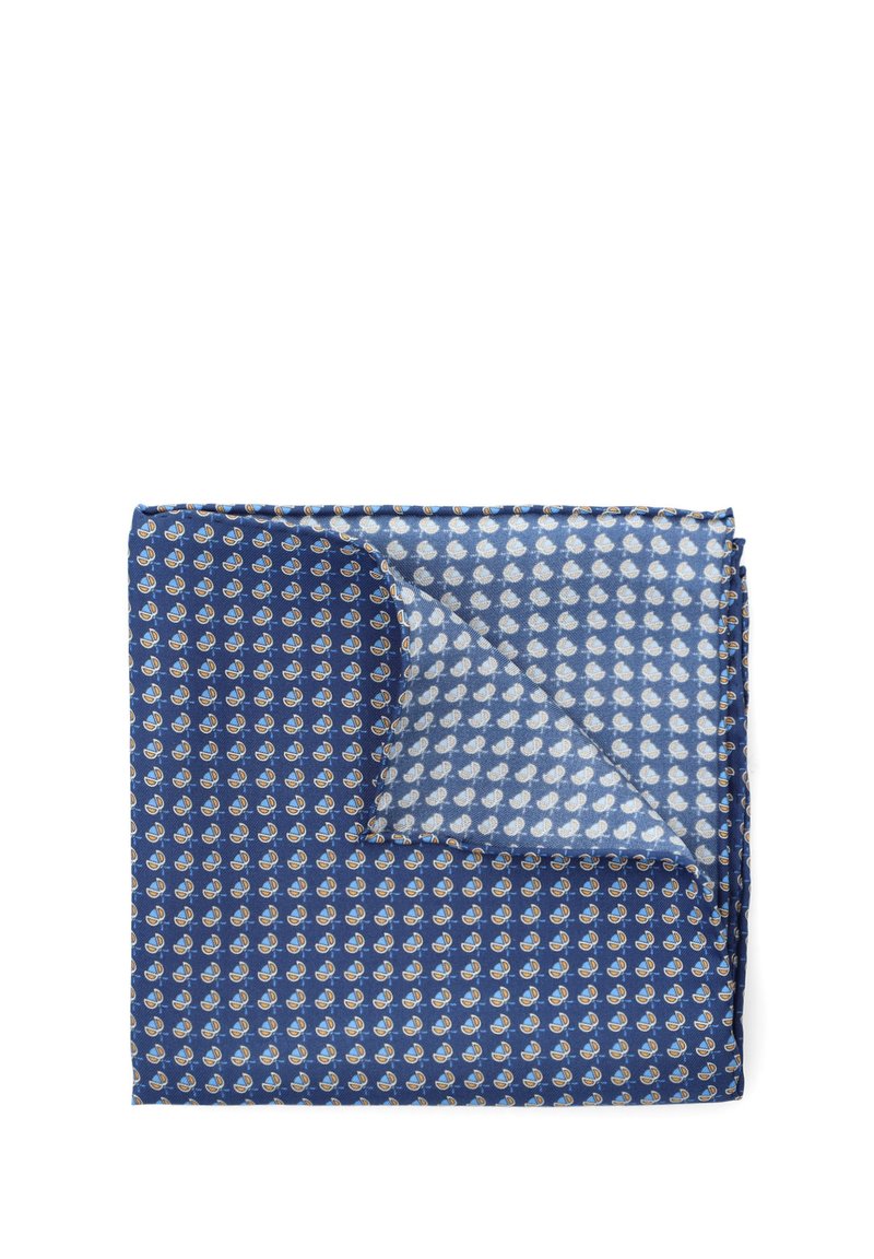 Granatowa poszetka w powtarzającym się wzorze małych białych i żółtych elementów. Gładka tekstura, złożony róg odsłaniający jaśniejszą wewnętrzną warstwę.