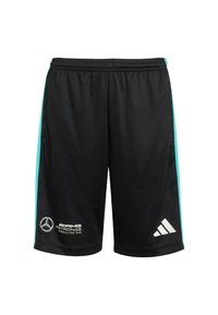 Mustat urheilushortsit, jotka on valmistettu synteettisestä materiaalista, turkoosilla sivuviivalla. Siinä on painetut logot: Mercedes ja Adidas valkoisina.