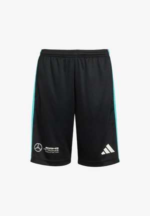 Pantalones cortos atléticos negros hechos de material sintético con franjas laterales turquesas. Presentan logotipos impresos: Mercedes y Adidas en blanco.