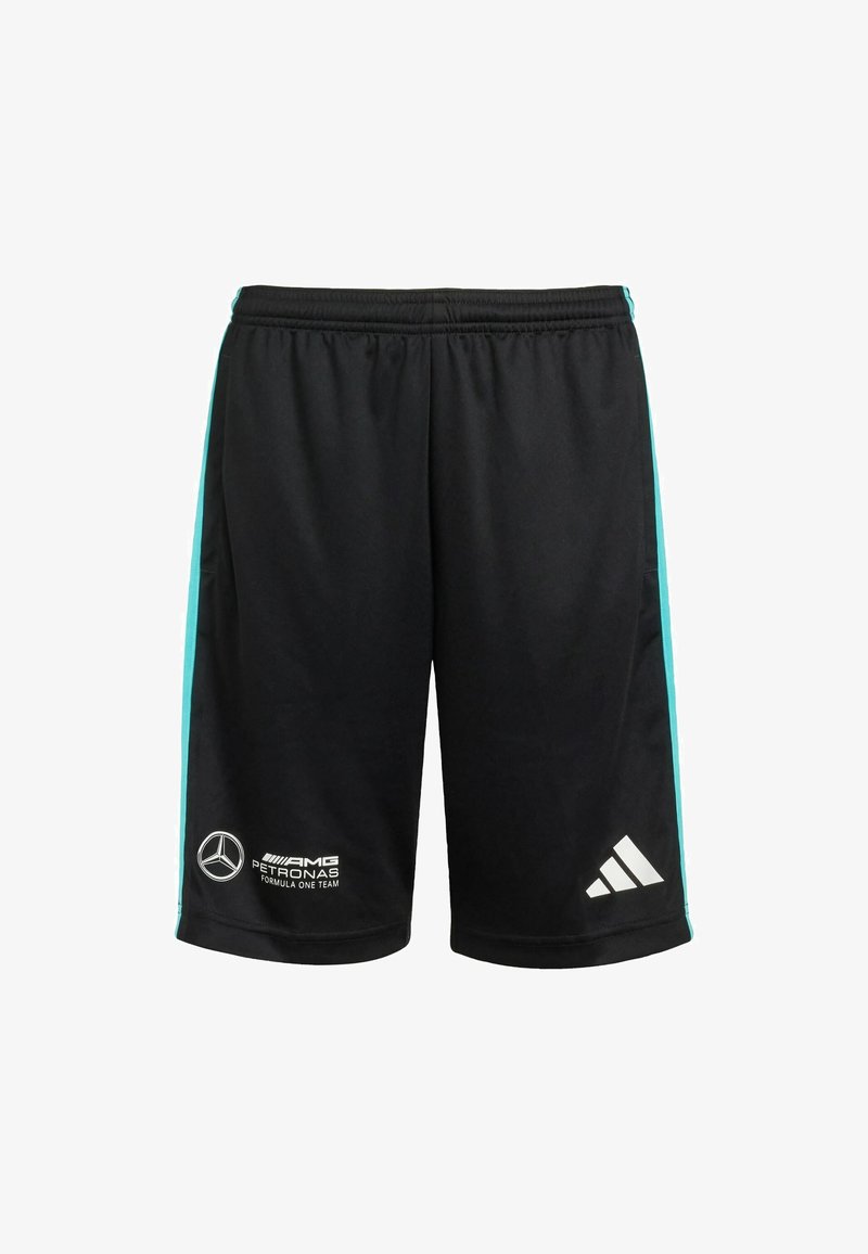 Black athletic shorts made of synthetic material with turquoise side stripes. Features printed logos: Mercedes and Adidas in white.