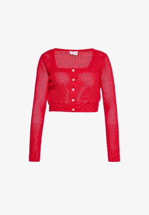 Rode gebreide cropped cardigan met lange mouwen, voorzien van een vierkante halslijn, knoopdetails en een open weefstructuur.