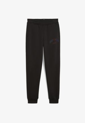 Pantalones de chándal negros con cintura elástica, bolsillos laterales y logo de "SPORTSWEAR" bordado en colores en el muslo izquierdo. Textura de tela suave.