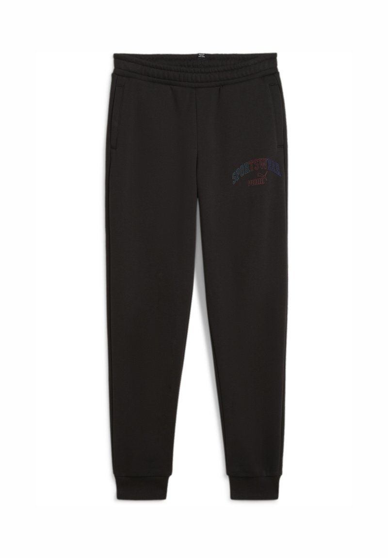Pantalones de chándal negros con cintura elástica, bolsillos laterales y logo de "SPORTSWEAR" bordado en colores en el muslo izquierdo. Textura de tela suave.