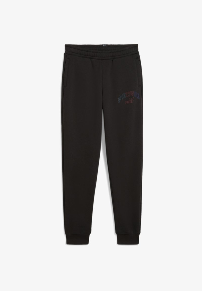 Pantalones de chándal negros con cintura elástica, bolsillos laterales y logo de "SPORTSWEAR" bordado en colores en el muslo izquierdo. Textura de tela suave.