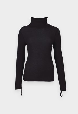 Black long-sleeve turtleneck shirt, slim fit, ribbed texture, featuring adjustable drawstrings at the hem for a customizable length.