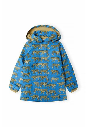 Blauwe regenjas met een tijgerpatroon, voorzien van een capuchon, een voorrits en een beige binnenvoering. Gladde, waterdichte stof met gedetailleerde prints.