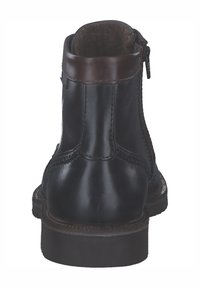 Schwarze Leder-Stiefelette mit glatter Oberfläche, braunen Lederelementen, seitlichem Reißverschluss und strukturiertem Futter am Kragen. Flache Sohle.