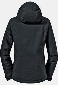 Schwarze wasserdichte Jacke mit einer enganliegenden Kapuze, strukturiertem Stoff und kunstvollen Nähten. Verfügt über verstellbare Bündchen und ein sauberes, minimalistisches Design.