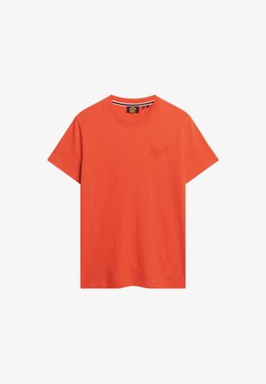 Orange kortærmet T-shirt med rund hals, lille præget logo på brystet og stribet detalje indeni kraven.