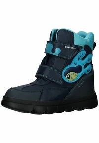 Stivali Geox blu navy con accenti in aqua, realizzati in materiale sintetico, due cinturini in velcro e un design giocoso che presenta un occhio da cartone animato e gocce d'acqua.