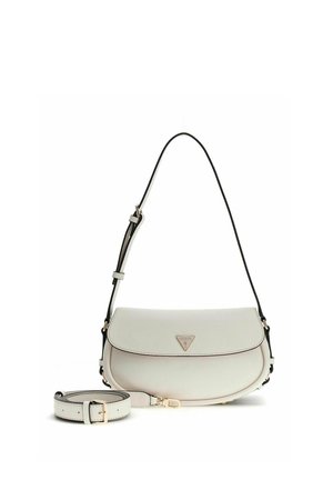 White Guess shoulder bag with flap closure and adjustable detachable strap, featuring a triangular logo on the front.