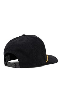 Schwarze Cord-Lenkmütze mit flachem Schirm, ausgestattet mit gelben Akzenten und einem verstellbaren Kunststoff-Snapbackverschluss.
