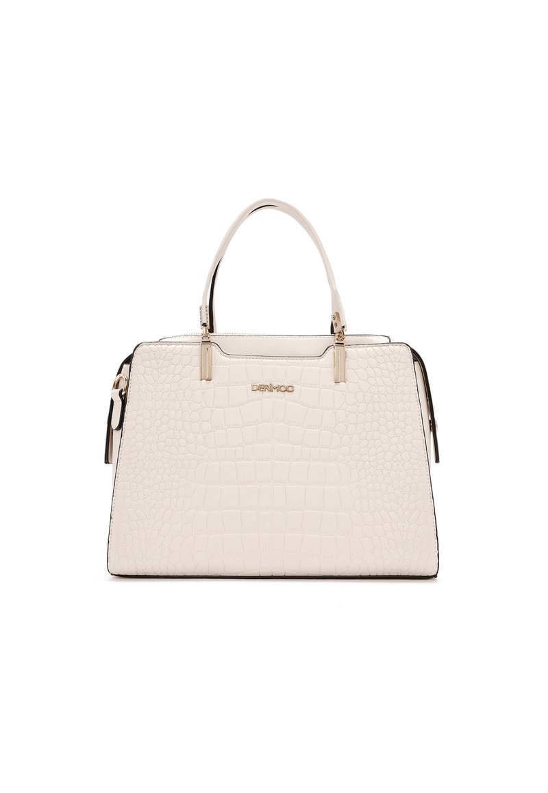 Borsa crema con embossing a forma di coccodrillo e dettagli neri, di forma rettangolare, texture liscia, doppio manico superiore e finiture in tono oro.