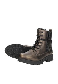 Bronzen enkelboots met een gestructureerde afwerking, ronde neus, vetersluiting aan de voorkant en een rubberen zool met een gestikte profiel. Inclusief logo detail op de zijkant.