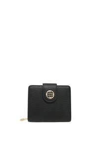 Portafoglio in pelle nera con finitura testurizzata, dotato di chiusura a patta e hardware dorato con dettaglio floreale sul bottone.