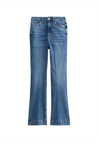 Flared blauwe denim jeans met een middelhoge taille, vijf zakken ontwerp en lichte vervaging aan de voorkant. Kenmerkt gestikte naden en riemlussen.