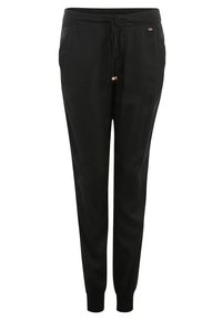 Schwarze Jogginghosen aus glattem Material mit einem elastischen Bund, verstellbarem Kordelzug und gerippten Bündchen an den Knöcheln.