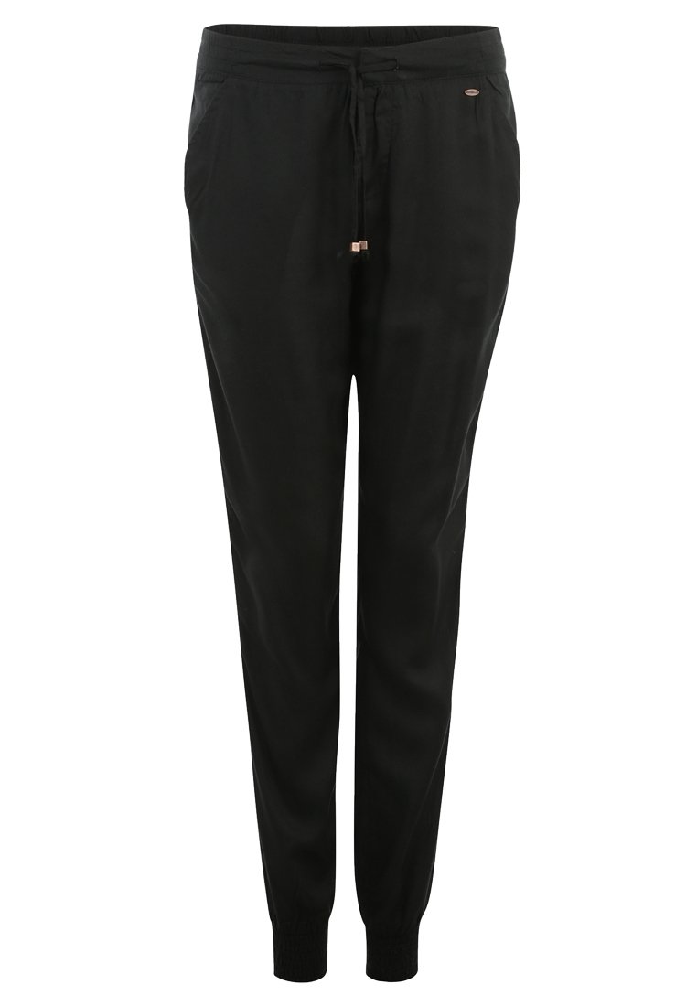 Schwarze Jogginghosen aus glattem Material mit einem elastischen Bund, verstellbarem Kordelzug und gerippten Bündchen an den Knöcheln.