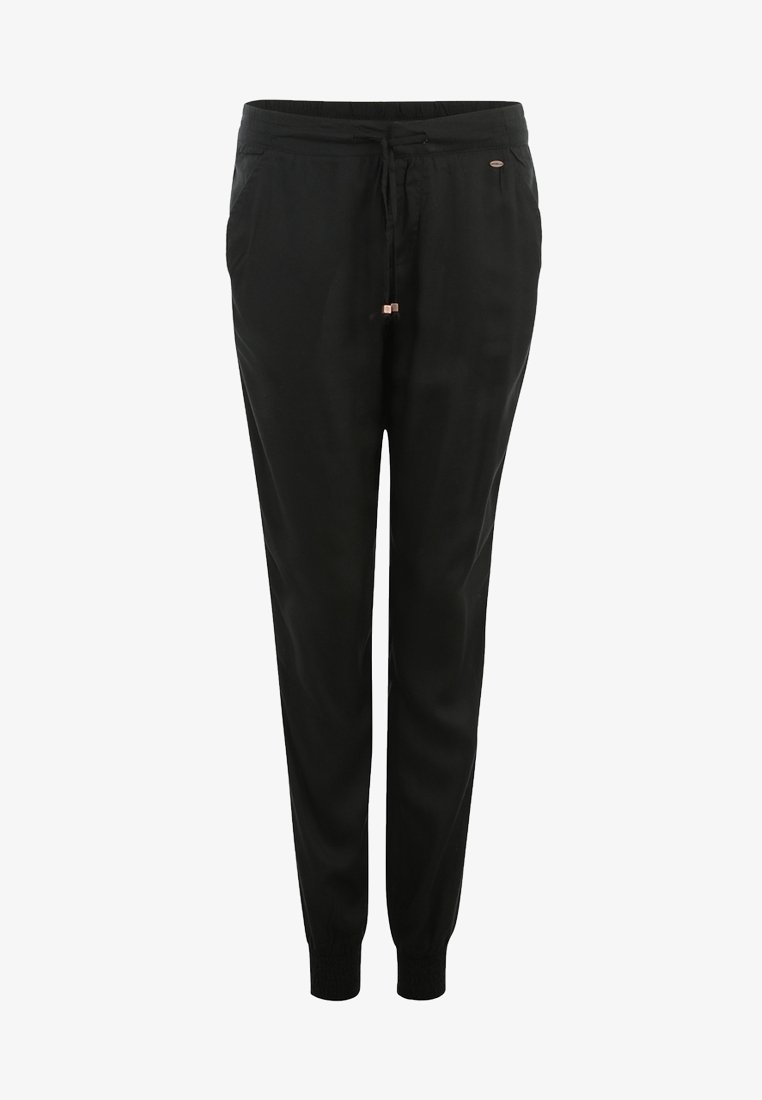 Schwarze Jogginghosen aus glattem Material mit einem elastischen Bund, verstellbarem Kordelzug und gerippten Bündchen an den Knöcheln.