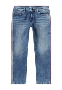 Jeans de mezclilla azul con diseño de pierna recta, rayas laterales doradas y moradas, cinco bolsillos y cierre de botón con presillas para cinturón.