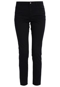 Černé skinny džíny vyrobené z bavlněné směsi, s zipem a knoflíkovým zapínáním, pěti kapsami a hladkou strukturou bez viditelných vzorů.