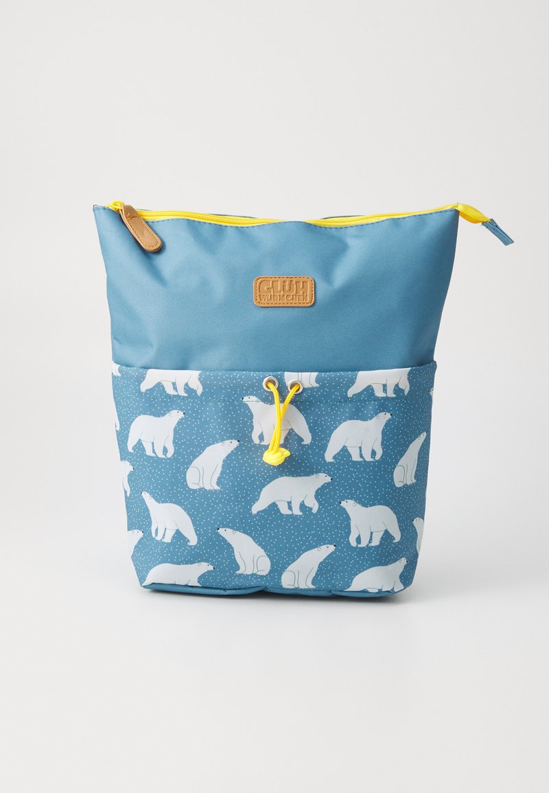 Sinine lukuga kott, millel on kollane lukk ja pruun nahklabel. Alumine osa on kaunistatud valgete jääkarude motiiviga sinisel mustrilisel taustal.