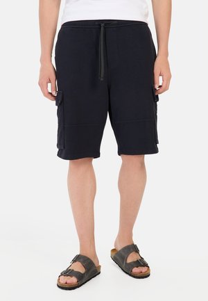 Marineblå cargo shorts lavet af bomuldsblanding med elastisk talje og justerbar snor; har sidelommer og en afslappet pasform.