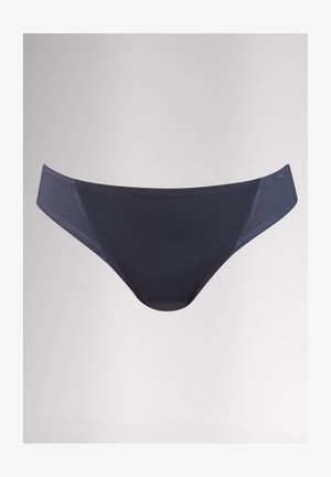 Dark grey, seamless briefs with a smooth texture and low-rise design. Features a contrasting panel on each side and minimal branding.